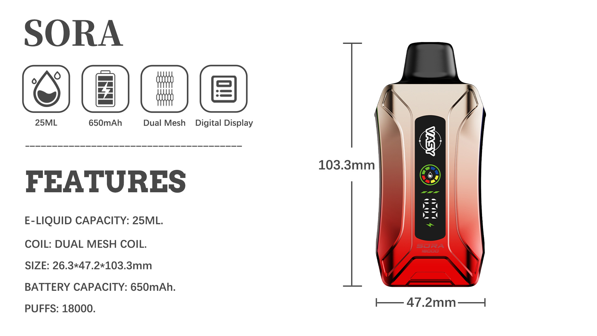 New Rechargeable VASY SORA 18000 Puffs Dual Mesh Coil Nicotine Vape Disposable 9